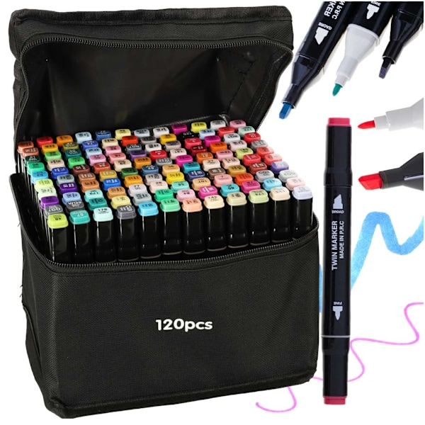 Dobbeltsidede sprittuscher i etui 120 + stativ