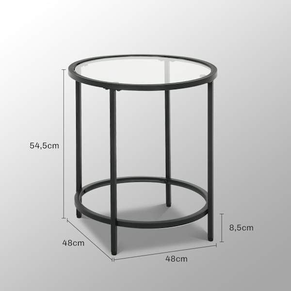 Sidobord runt soffbord med glasbordsskiva, metallstomme, soffbord, sängbord för vardagsrum, sovrum, svart, Ø48 x 54,7 cm