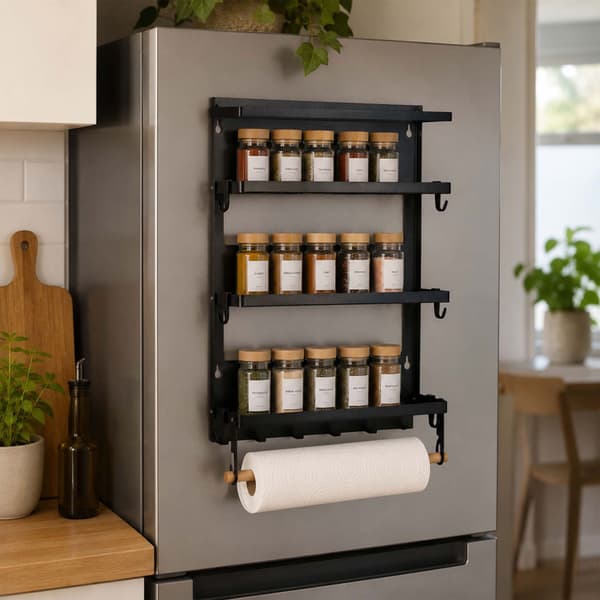 Magnetisk krydderirist med rulleholder og kroge – Sort jern