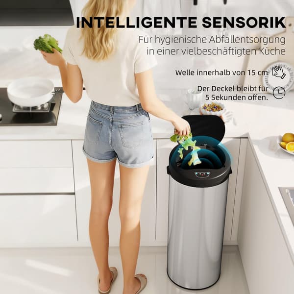 Beröringsfri sensoravfallskorg i rostfritt stål, 55 liters kapacitet