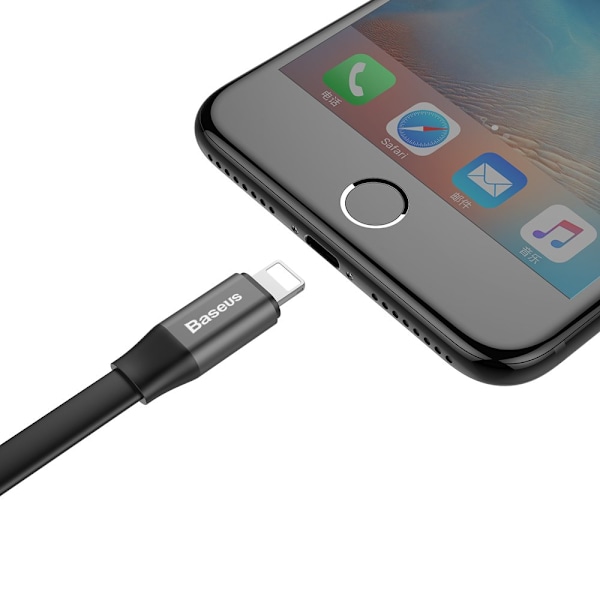 Litteä kaapeli Iphone Lightning USB-kaapeli pidikkeellä 2A 23cm musta