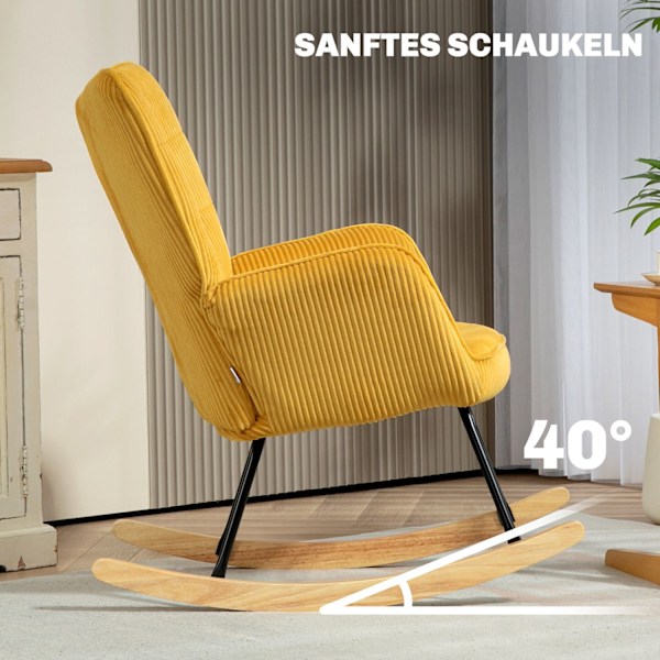 Gungstol, gungstol med berberfleecelook, armstöd, fåtölj med träskenor, relaxstol för vardagsrum, sovrum, gul