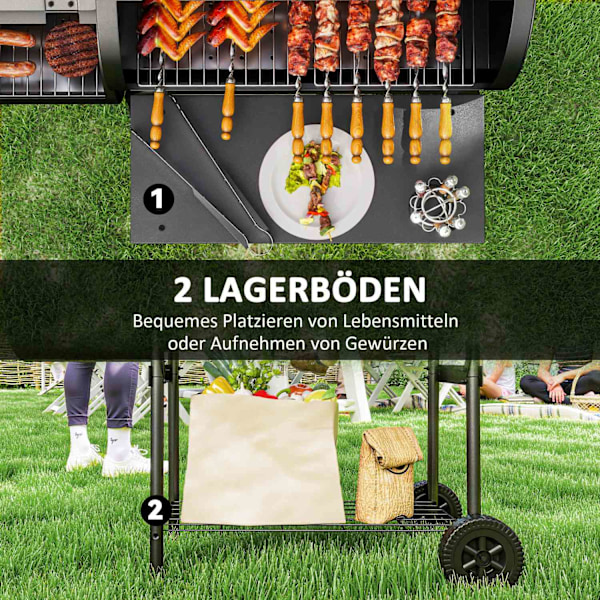 Kolgrill av stål BBQ rökare med lock termometer hjul hylla mobil grillvagn med lufttillförsel kolbricka, kolgrill kolgrillvagn för grillcamping, trädg