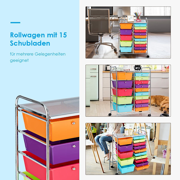Vagn med 15 stapelbara lådor, rullcontainer, sidovagn, färgglad/gul, 62,5 x 37 x 87 cm, färgglad