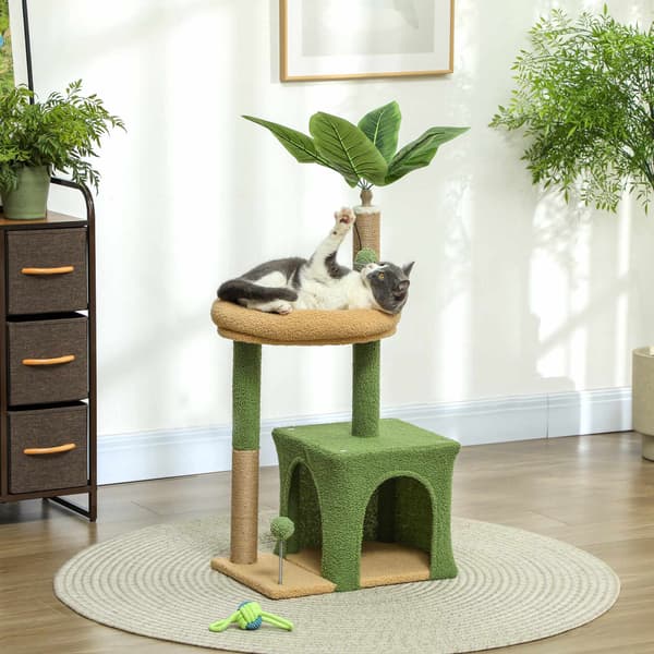 Kradsetræ med hule, seng og jutestolper – 98 cm, bladdesign