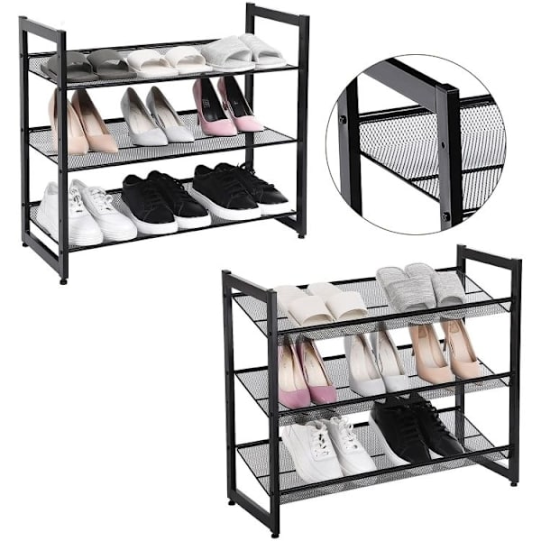 Sort metal skohylde, 3 niveauer
