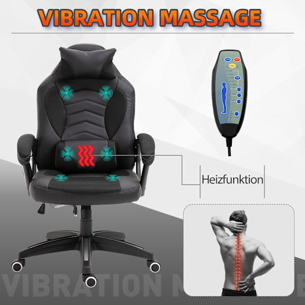 Gaming Chair Kontorstol Med Varmefunktion 6 Vibrationspunkter Ergonomisk Drejestol Massagestol Kunstlæder Sort B68 X D69 X H (108-117) Cm