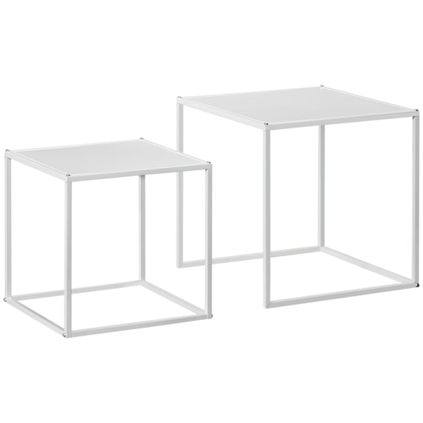 Set med 2 soffbord, fyrkantiga sidobord, soffbord med stålstomme, soffbord i modern design, för vardagsrum, bärförmåga upp till 10 kg, vit