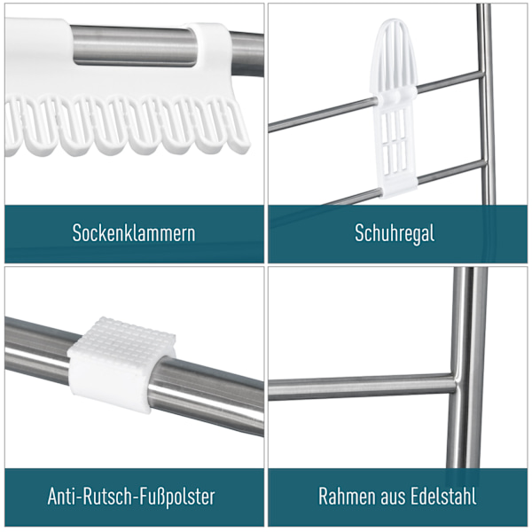 Tøj Airer Foldbar Bærbar Vingetørrer Teleskopstænger Rustfrit Stål Plast Sølv + Hvid 146X60.5X98Cm