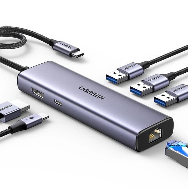 Ugreen 6-in-1 USB-C - 3x USB-A 3.0 / HDMI / RJ45 / USB-C PD - Harmaa