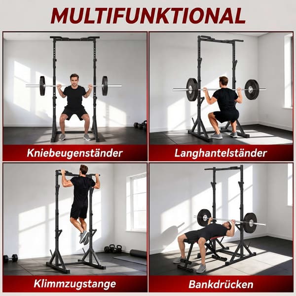 Justerbar squatstativ med pull-up stang, 200 kg, sort