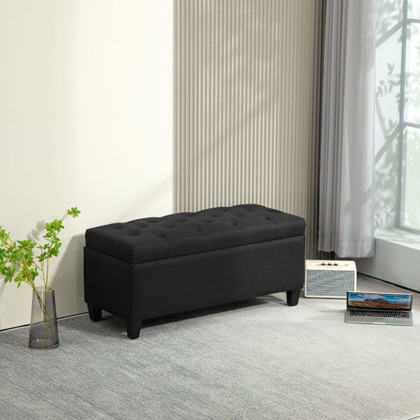 Bænk polstret bænk med opbevaringsplads brystbænk entre soveværelse stue linnedlignende polyester gummi træ sort 100 x 40 x 44 cm