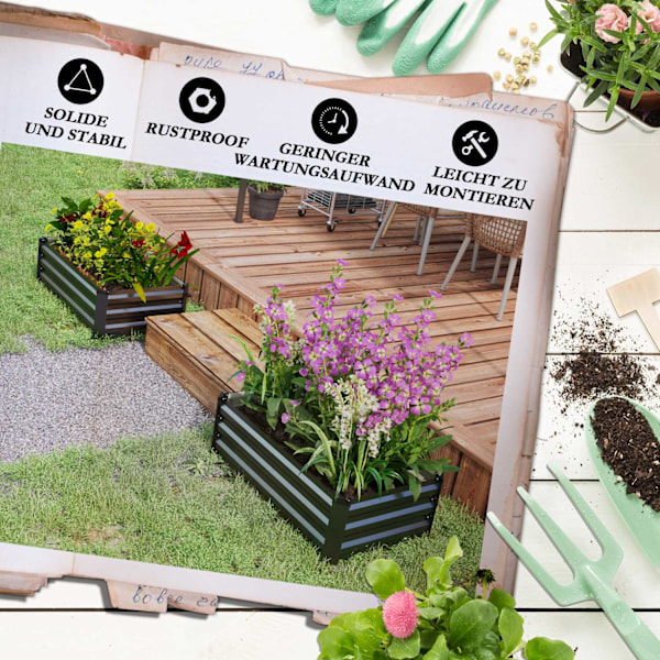 Højbedesæt á 2, plantekasse, blomsterkasse, rustfri plantepotte, urtepotte til terrasse, altan, galvaniseret stål, mørkegrå, 100 x 60 x 30 cm |