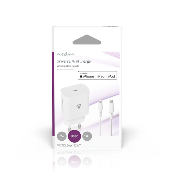 Seinälaturi | 20 W | Pikalataus-toiminto | 1.67 A / 2.22 A / 3.0 A | Lähtöliitäntöjen määrä: 1 | USB-C™ | Lightning 8-Pin (irrallinen) Kaapeli | 1.00