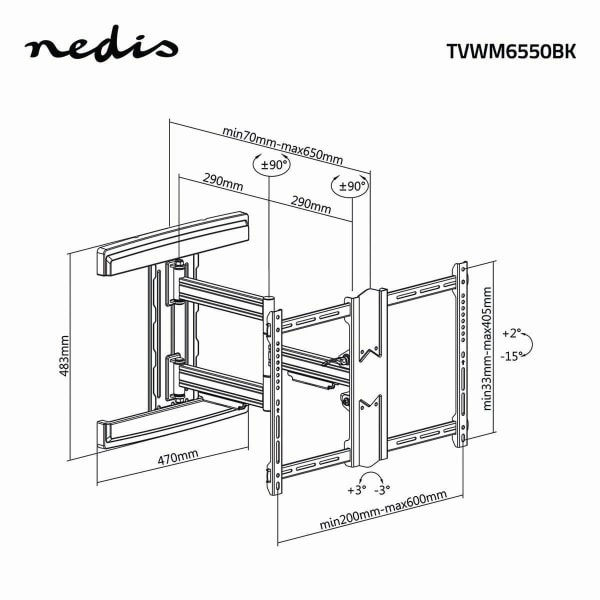 Fuld Motion TV Vægbeslag | 37 - 80 " | Maksimal vægt: 50 kg | Vipbar | Kan drejes | Minimum vægafstand: 70 mm | Maksimal vægafstand: 650 mm | 3 Drejep