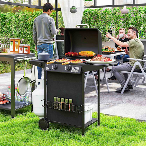 Gasgrill 7 KW grillvagn inklusive 3 brännare sida spis rull tryckreducerare lock gasslang 2 värmezoner termometer sidohyllor, BBQ trädgårdsgrill för b