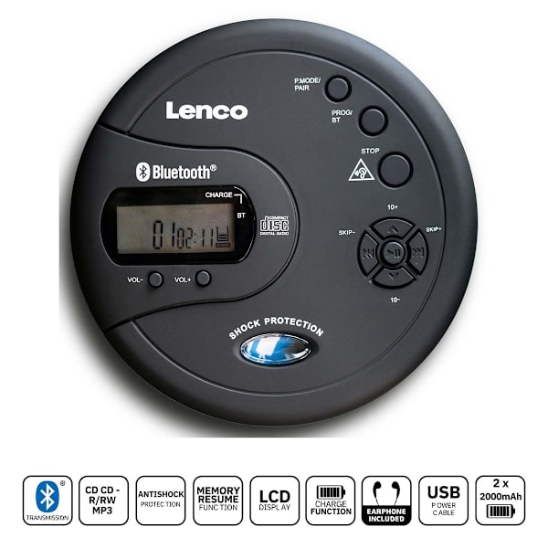 Bærbar Bluetooth® CD-MP3-afspiller med antishock Sort