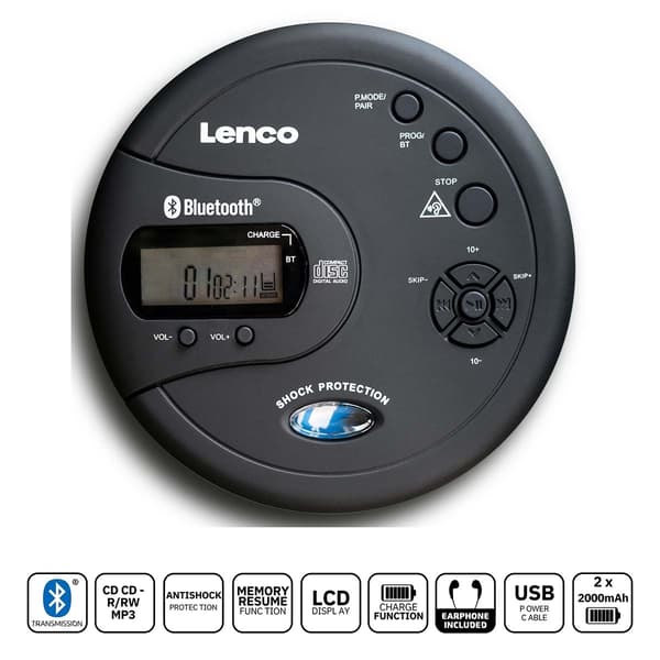 Kannettava Bluetooth® CD-MP3-soitin antishock mustalla