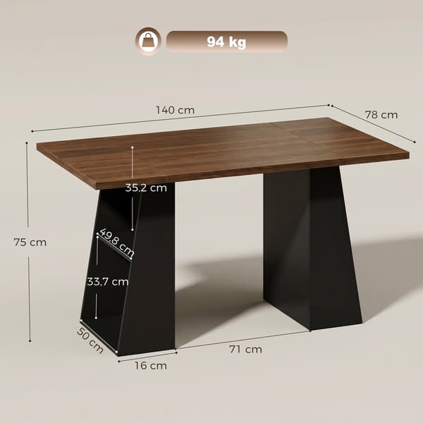 Industrielt computerbord 140 cm, 4 åbne hylder, brun-sort