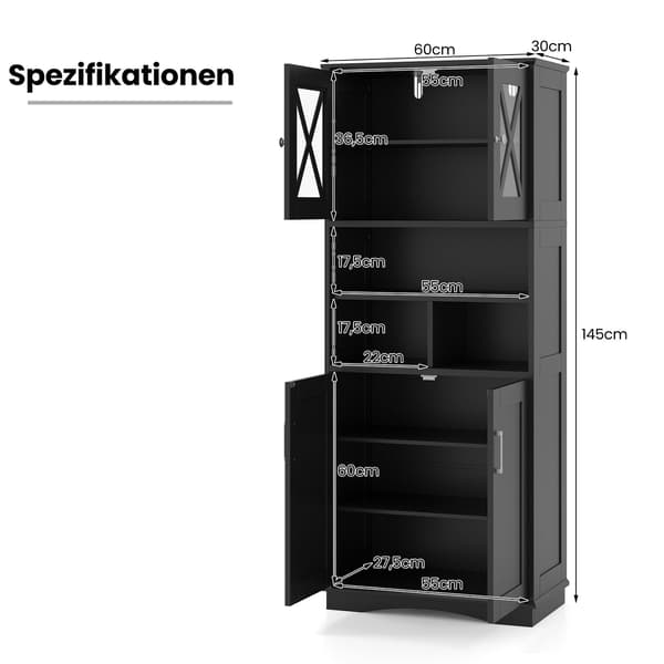 Højt badeværelsesskab med justerbare hylder, sort MDF