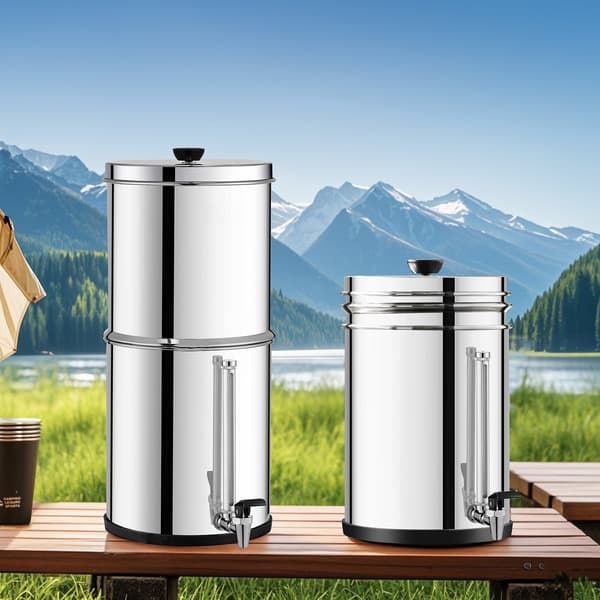 Gravitationsmatat vattenfilter, 2,25 gallon rostfritt stål, 2 filter