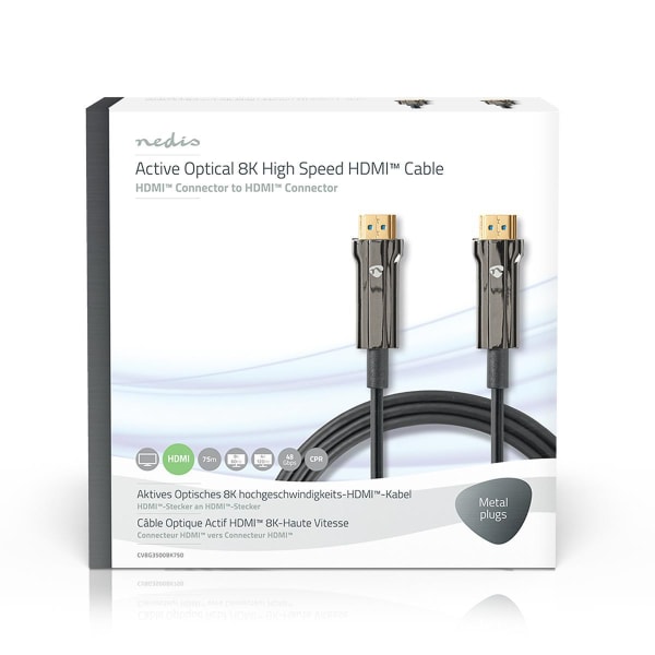 Aktiv Optisk Ultra High Speed ​​HDMI-Kabel med Ethernet | HDMI™ Stik | HDMI™ Stik | 8K@60Hz | 48 Gbps | 75.0 m | Runde | PVC | Sort | Gaveæske