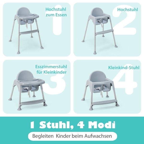 4 i 1 baby høj stol lavet af PP og rustfrit stål høj stol konvertibel med aftagelig dobbelt bakke grå