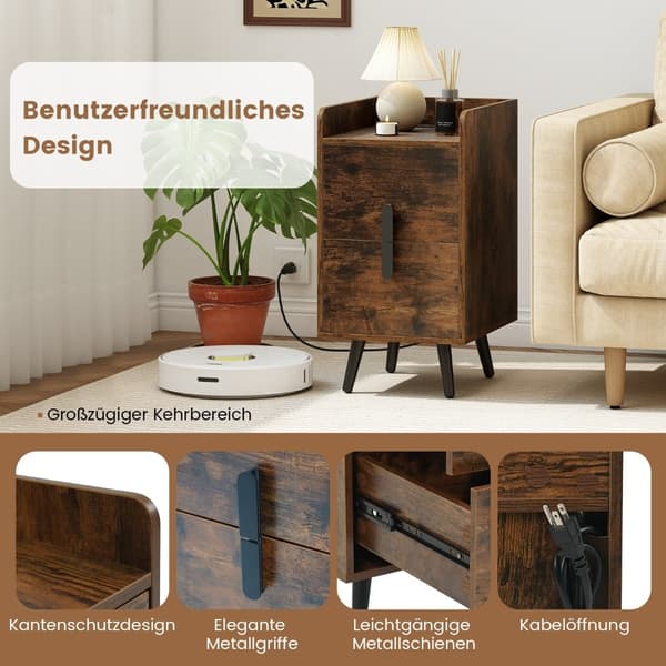 Natbord med ladestation, 2 skuffer, rustik brun