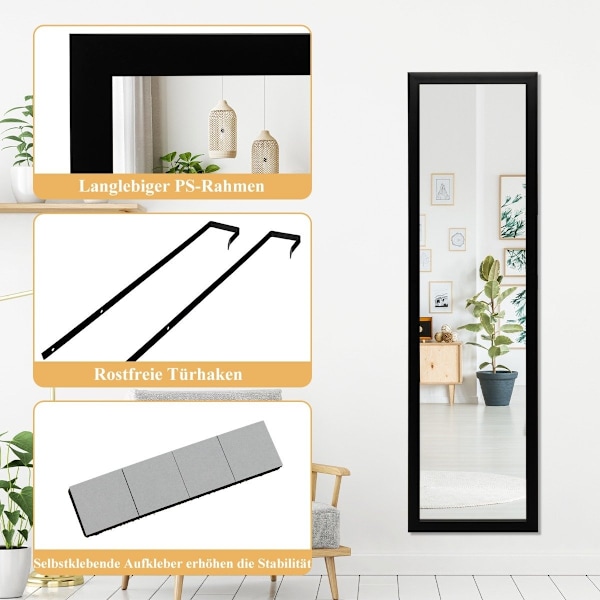 Rektangulært fuldlængde spejl med ophængskrog til dør 33x119cm sort