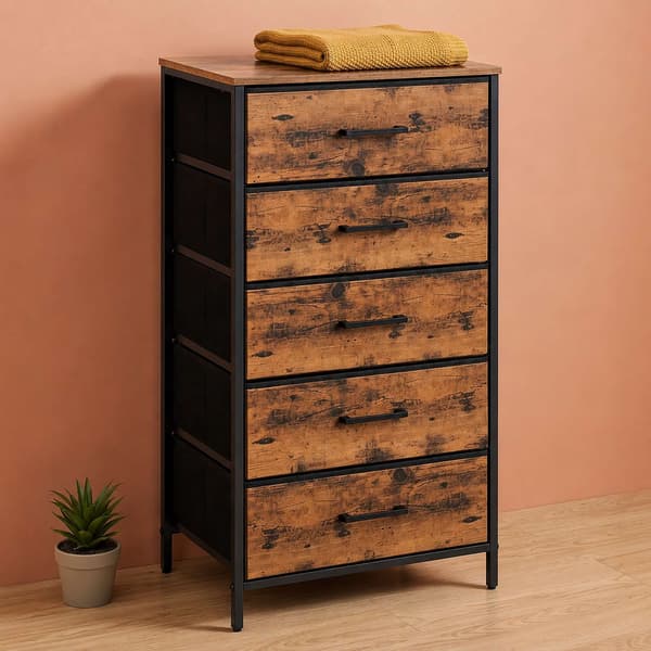 Industriel sort kommode med 5 stofskuffer, 94x45x30 cm