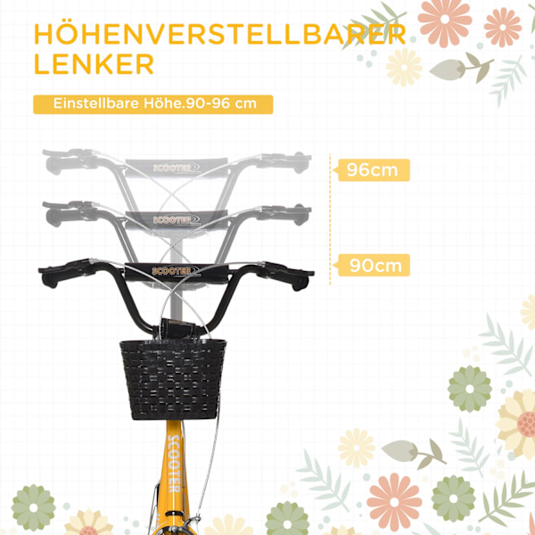 Barnskoter, höjdjusterbar sparkcykel med stora gummihjul, 2 bromsar, barnskoter med korg, mugghållare, för 5-12 år