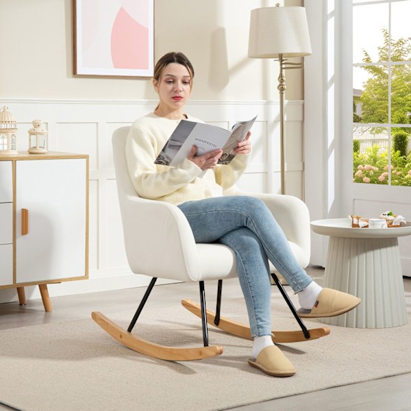 Gyngestol, gyngestol med armlæn, træløbere, afslapningsstol, lænestol med fløjlslook, afslapningsstol, gyngestol til soveværelse, stue, balkon, cremeh