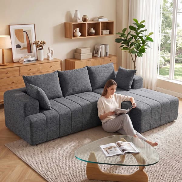 Konvertibel L-formad chenillebäddsoffa med fotpall, grå