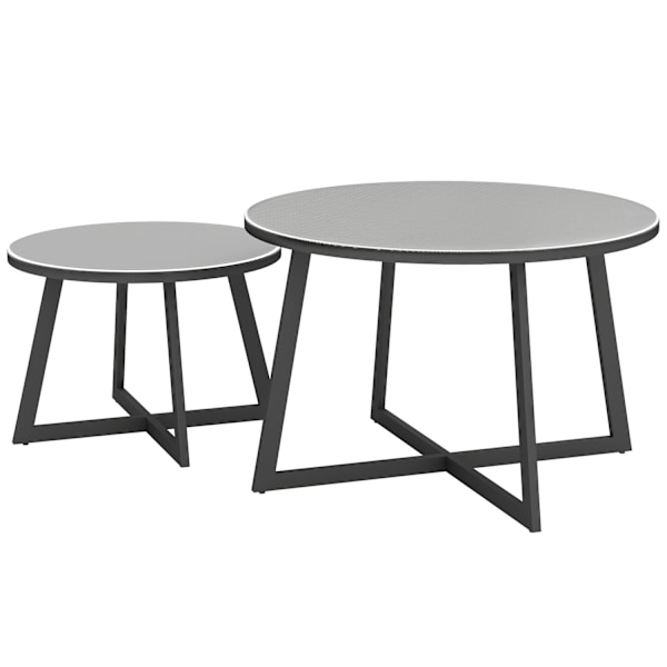 Sæt med 2 sideborde stabelbart havebord Rundt vejrbestandigt altanbord med X-ben Glasplade Stål Campingbord Sofabord til Stue Kontor Udendørs Indendør