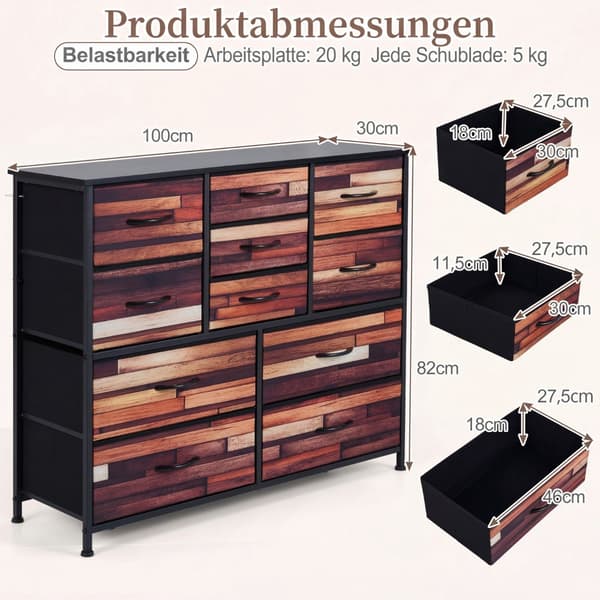 Kommode med 11 stofskuffer, metalramme, træplade