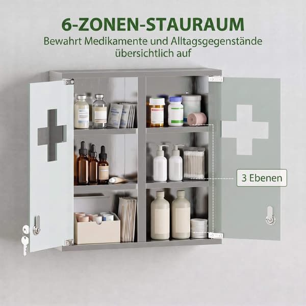 Låsbart medicinskåp, glasdörr, 6 hyllor, silver