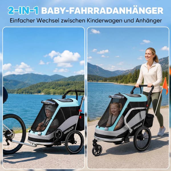2-i-1 cykelanhænger, klapvogn, foldbar, 16" luftdæk