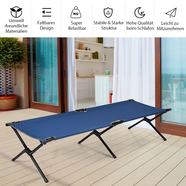 Campsäng, campingsäng, metallram, hopfällbar hopfällbar säng, belastning upp till 135 kg, 190 x 67 x 42 cm, blå
