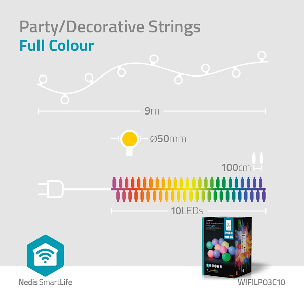 SmartLife Jouluvalot | Partylight | Wi-Fi | RGB | 10 LED's | 9.00 m | Android™ / IOS | Polttimon halkaisija: 50 mm