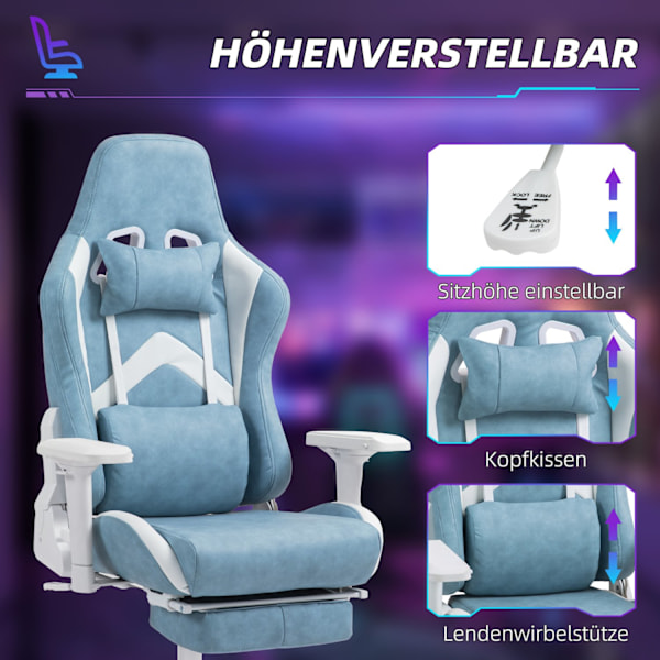 Gamingstol med lænefunktion, højdejusterbar skrivebordsstol med hoved- og lændepuder, ergonomisk gamingstol med udtrækbar fodstøtte, kunstlæder, op ti