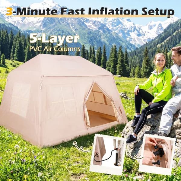Uppblåsbart campingtält, 4–6 personer, pump, tak