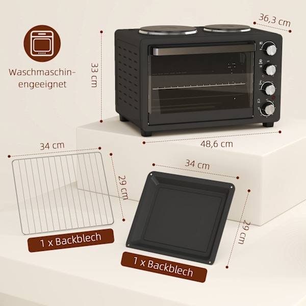 Miniovn 28 L 2600W Miniovn 100-230? 60 min. timer, med 2 varmeplader, bageplade og grillrist. Pizzaovn med krummebakke, bakkegreb sort Aosom