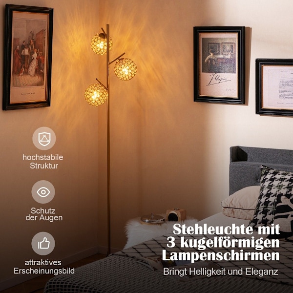 Golvlampa med 3 lampskärmar och fotkontakt fristående golvlampa 169cm trädlampa