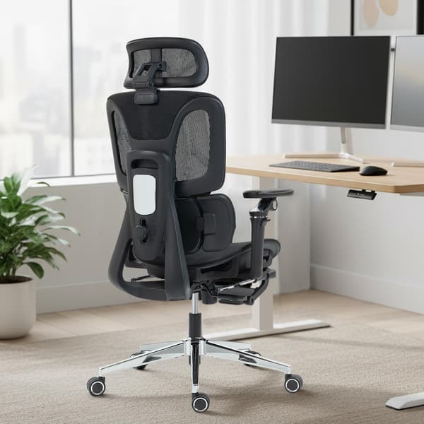 Ergonomisk kontorstol, justerbar lænde- og nakkestøtte, sort net