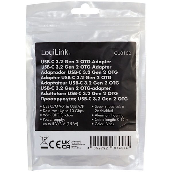Kulma USB-C-kaapeli USB 3.2 15W 0,2m