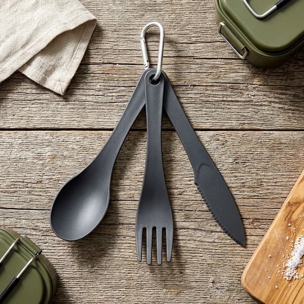 Campingbestickset med karbinhake – 3 delar, grå