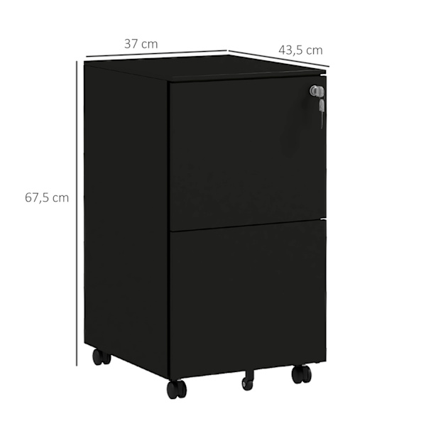 Rolling Container Arkistokaappi, 2 Laatikkoa, Lukittava, Pyörillä, Teräs, Musta, 37X43,5X67,5Cm