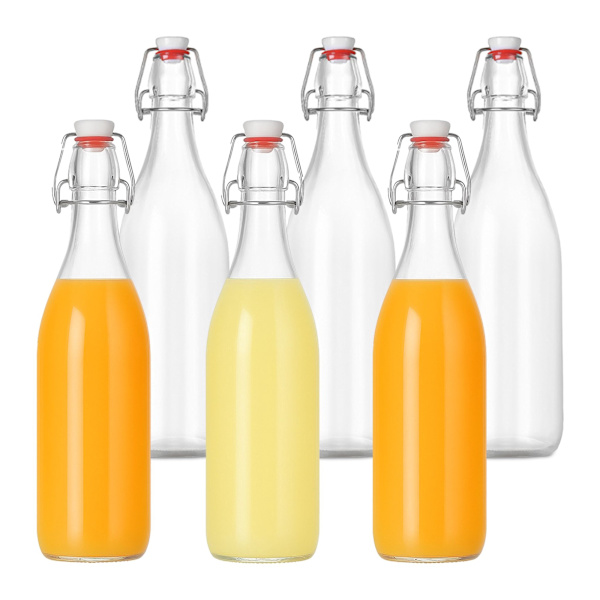 Glasflaskor med klipplock, set med 6 flaskor och etiketter