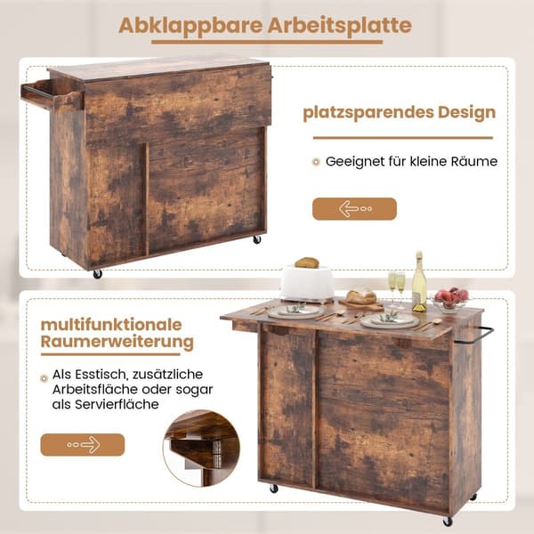 Køkkenvogn på hjul Serveringsvogn med klapbordplade 121 x 68 x 88 cm Rustik brun