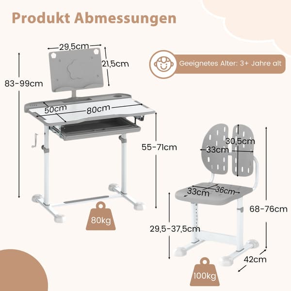 Justerbart børnebord og stolesæt med vippeplade, grå